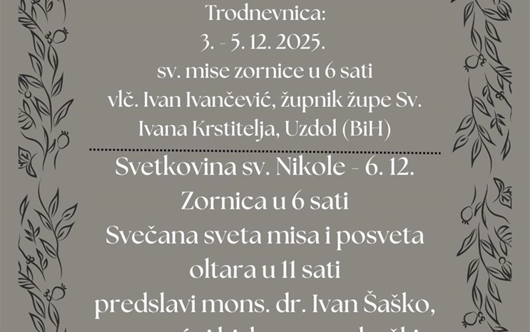 Trodnevnica uoči posvete oltara i proslave svetkovine sv. Nikole u Bistri